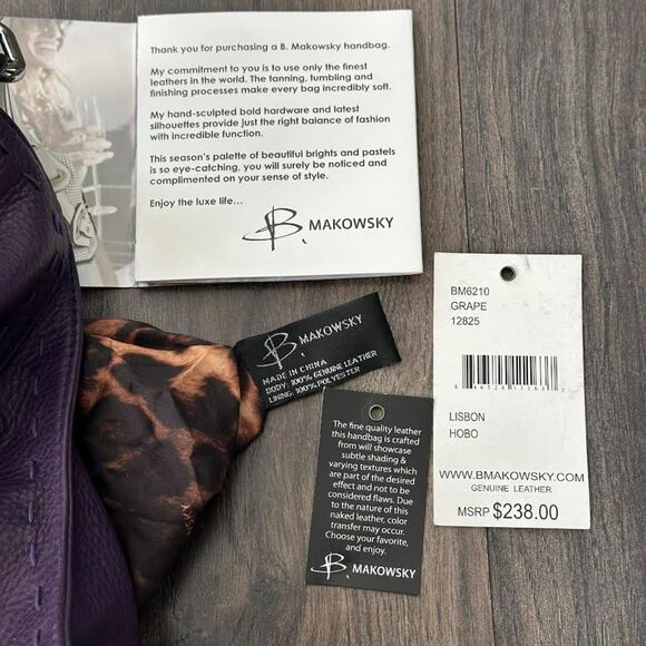 NWT B. Makowsky Purse Genuine Leather Eggplant Purple Pebbled Hobo Shoulder Bag - Picture 8 of 8